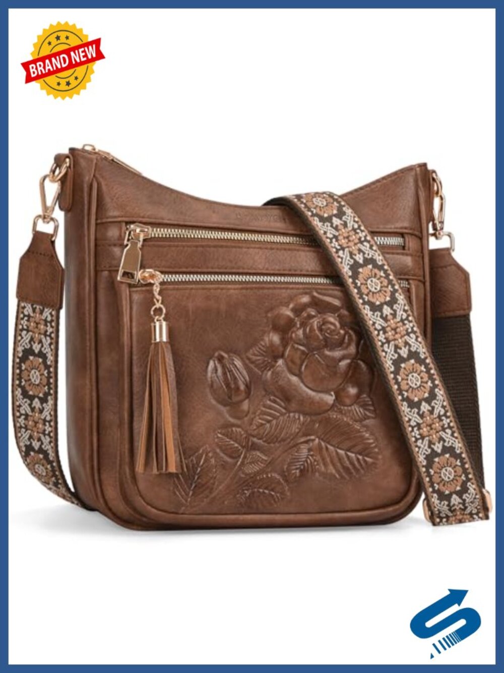 Embossed Vegan Leather Crossbody Bag Multi-Pocket Boho Strap